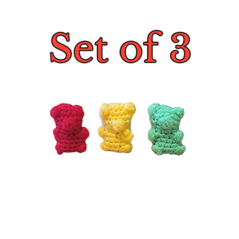 Handmade Crochet Gummy Bears Set of 3 Red Yellow Green Acrylic Yarn Poly Filled